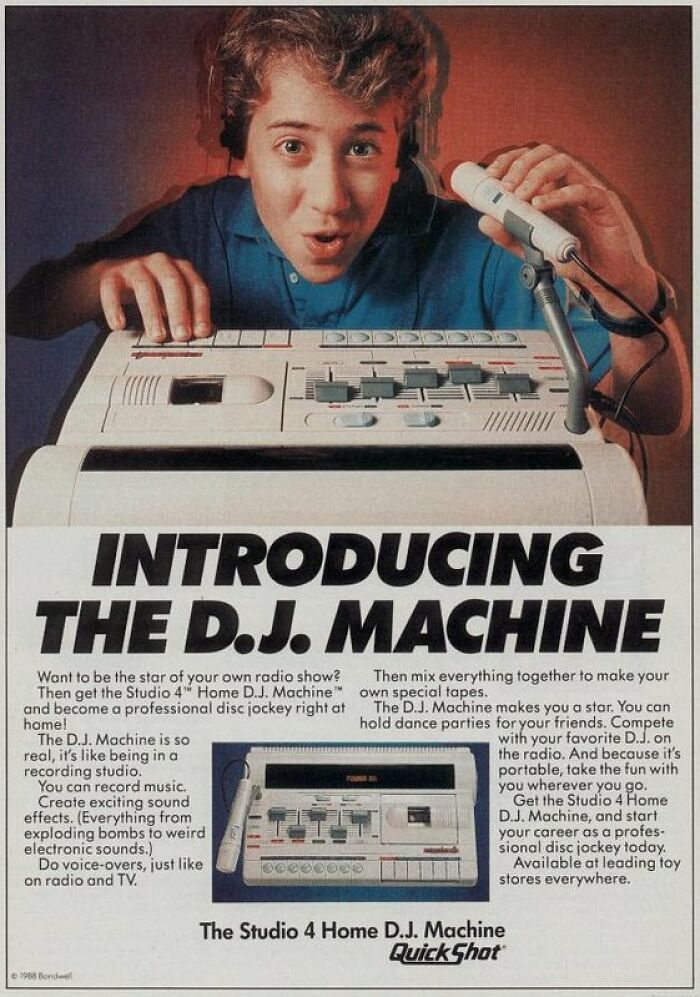 Vintage ad featuring the Studio 4 Home D.J. Machine promoting a unique and exciting retro music gadget.