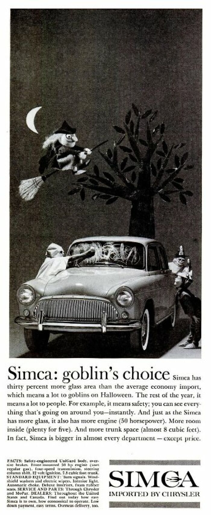 Vintage Simca car ad with whimsical Halloween goblins highlighting unique glass area and safety features.