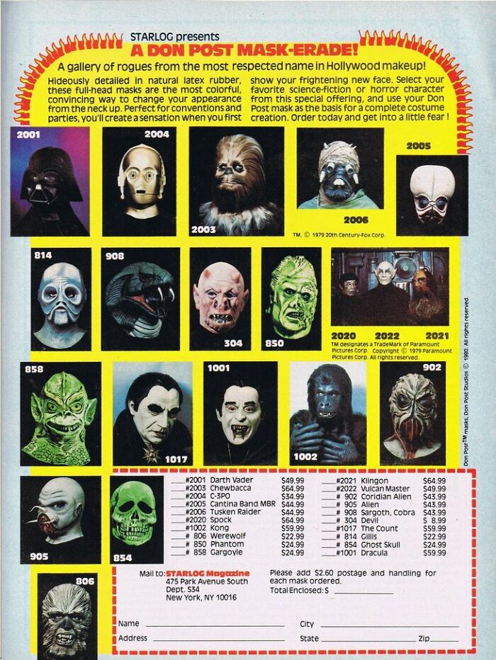 Vintage mask advertisement featuring bizarre and fascinating designs from classic horror and sci-fi characters for collectors.