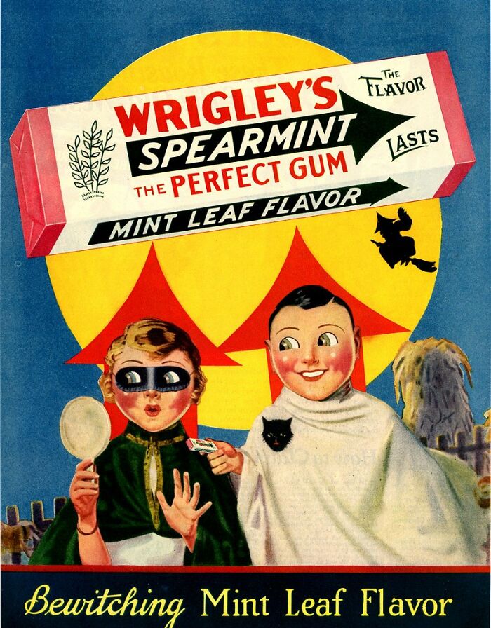 Vintage ad for Wrigley's Spearmint gum featuring children in costumes with mint leaf flavor promotion.