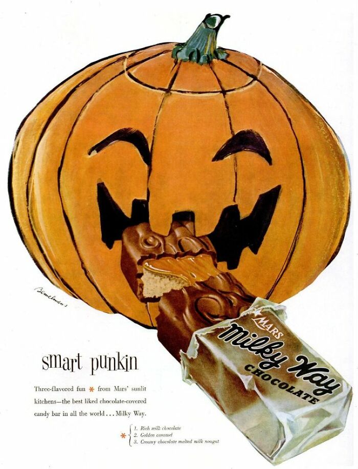 Vintage Milky Way chocolate ad featuring a carved pumpkin and candy bar, showcasing bizarre vintage ads.