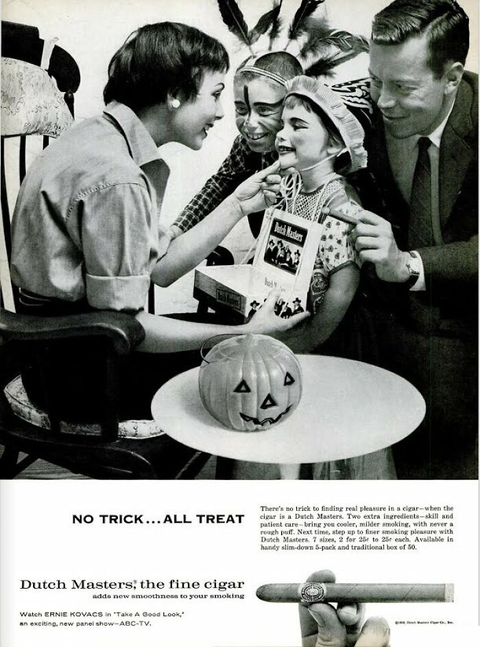 Vintage ad showing a family in costume enjoying Dutch Masters cigars, a classic example of bizarre vintage ads.