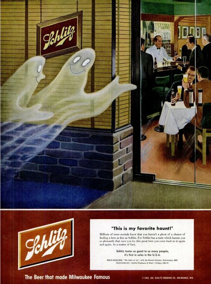 Vintage Schlitz beer ad with smiling ghosts inviting patrons inside a bar, showcasing bizarre vintage ads from the past.