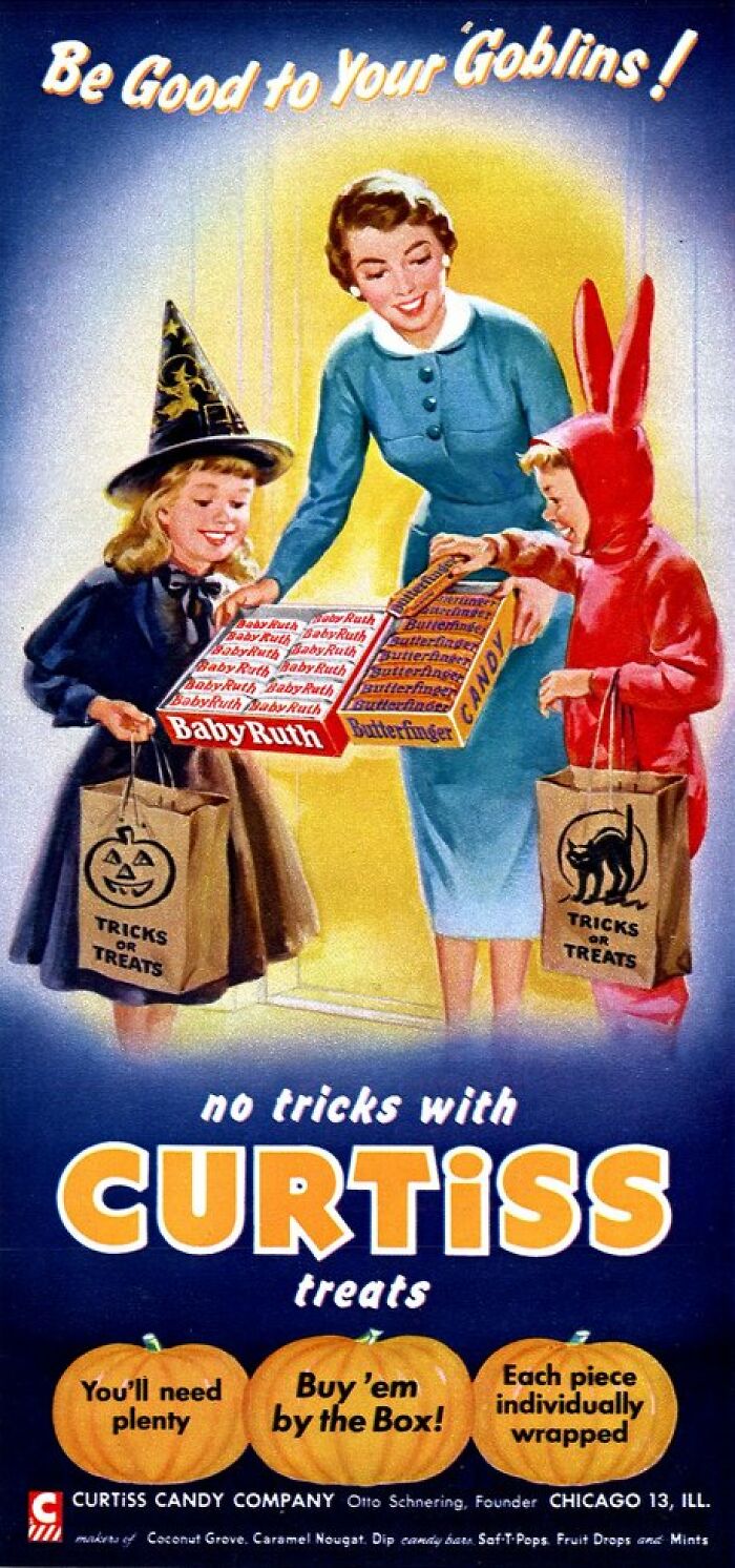 Vintage Halloween candy ad showing children trick-or-treating with Baby Ruth and Butterfinger treats from Curtiss Candy Company.