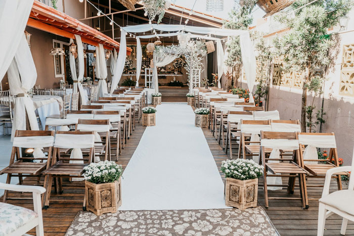 Outdoor wedding aisle setup with chairs and floral decor, symbolizing a couple facing pressure from man&rsquo;s parents.