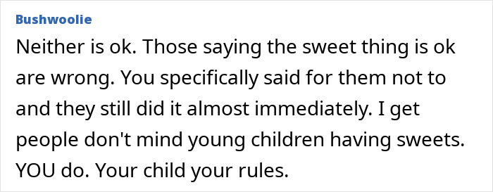 Comment screenshot by Bushwoolie defending child's no-sweets rule, woman furious at BIL and wife's laughing