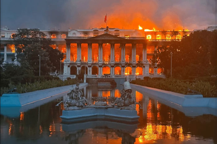Historic government building engulfed in flames at night, a powerful photo that hit hard for many countries.