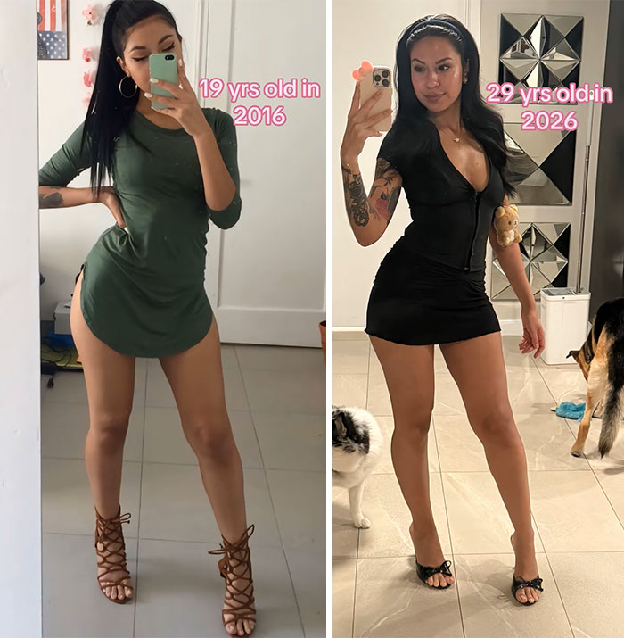 Side-by-side photos showing a woman’s 2016 vs 2026 transformation, highlighting changes over a decade shared by 65 people.