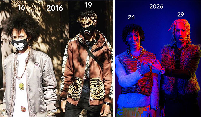 Side-by-side photos showing dramatic changes in appearance between 2016 and 2026, highlighting people hard to recognize.