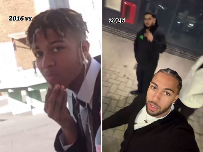 Side-by-side photos comparing a young man in 2016 and 2026, highlighting changes over time shared by people.