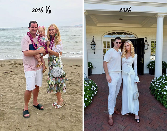 Side-by-side 2016 vs 2026 photos of a couple and child showing notable changes over ten years and difficult to recognize.