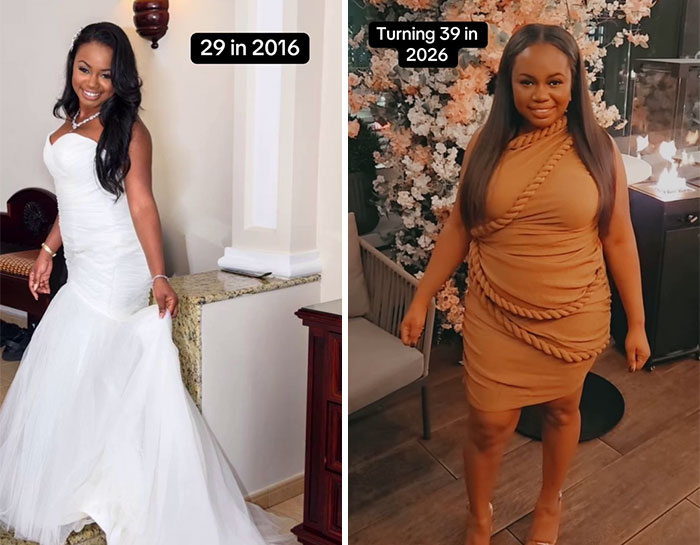 Side-by-side photos showing a woman in 2016 and 2026, illustrating changes shared by people over 10 years.