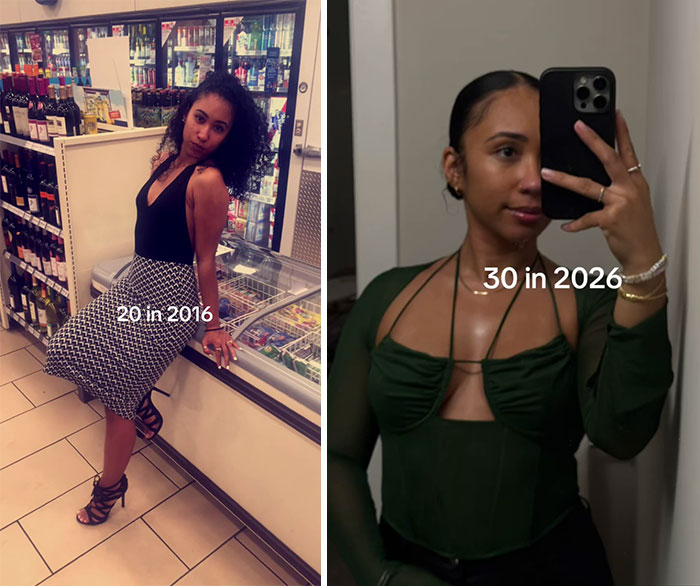 Side-by-side comparison of a woman at 20 in 2016 and at 30 in 2026 showing changes over time in photos.
