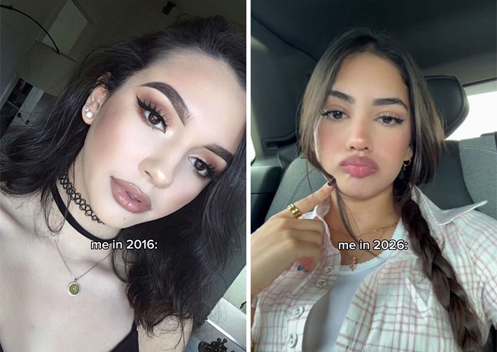 Side-by-side comparison of a woman’s selfie in 2016 and 2026 showing noticeable changes over time.