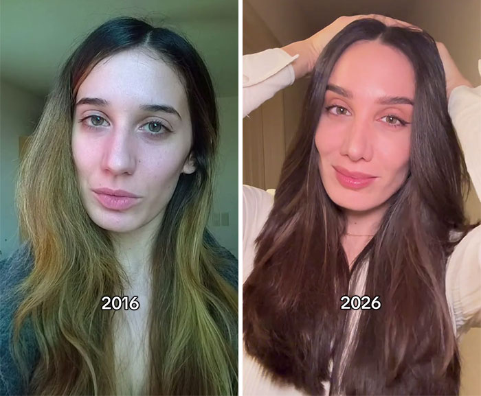 Side-by-side photos showing a woman’s transformation with hair and makeup changes from 2016 to 2026 shared by people.