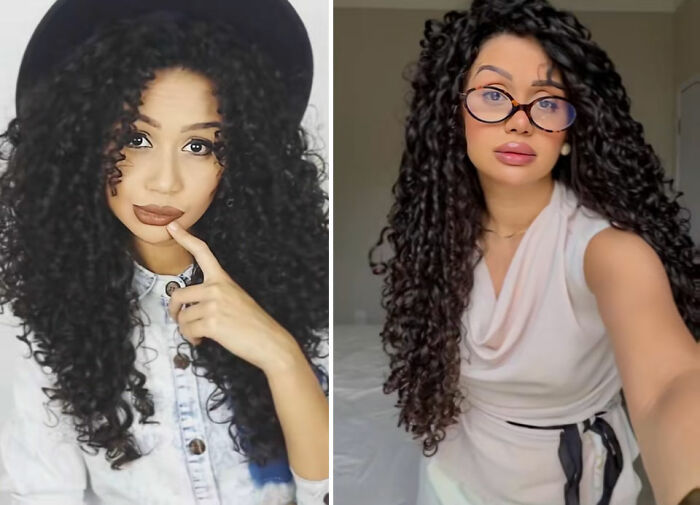 Side-by-side comparison of a woman with long curly hair, showcasing 2016 vs 2026 photo transformation.