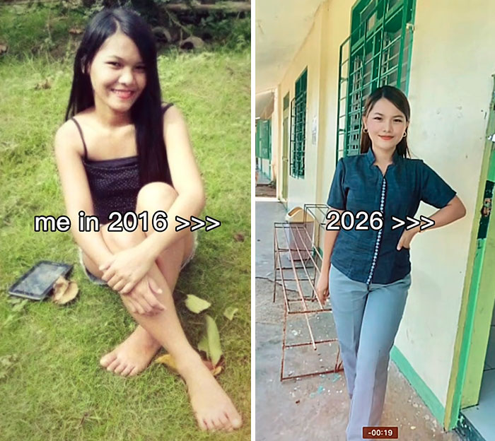 Young woman showing a 2016 vs 2026 photo comparison, highlighting changes over the decade and hard to recognize differences.