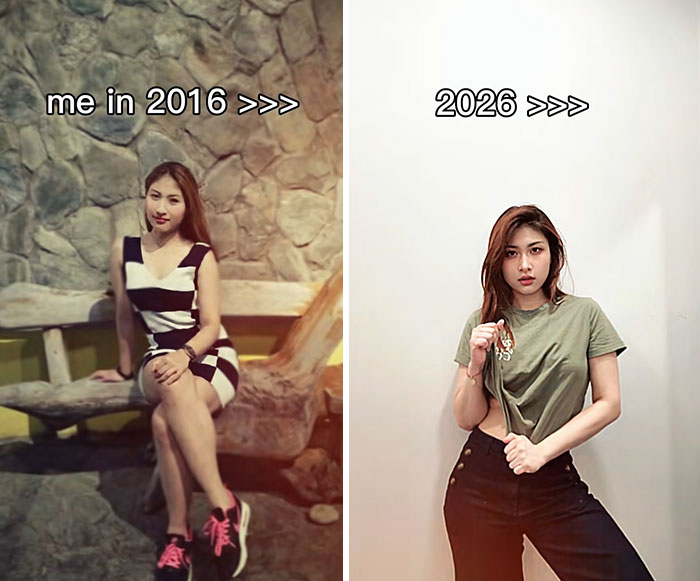 Side-by-side 2016 vs 2026 photos showing a woman with noticeable changes, highlighting 2016 vs 2026 photo transformations.