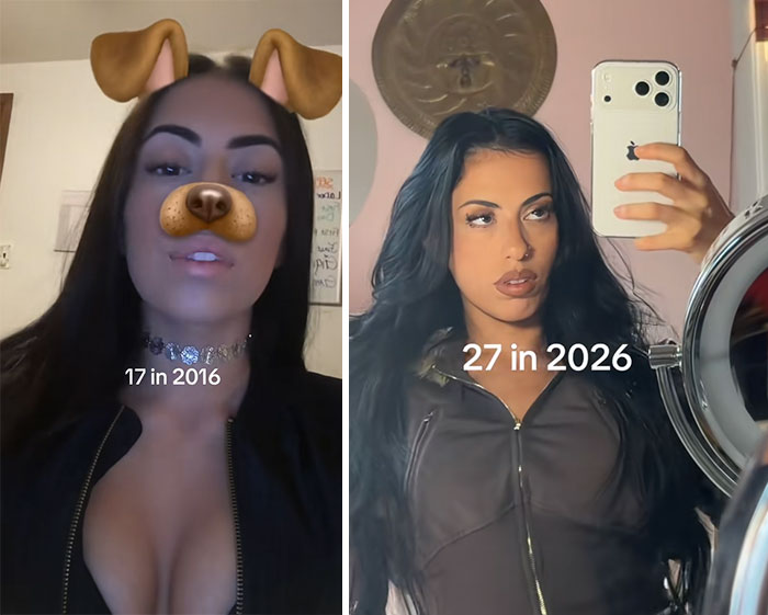 Side-by-side 2016 vs 2026 photos showing changes in appearance with a woman taking a mirror selfie in 2026.