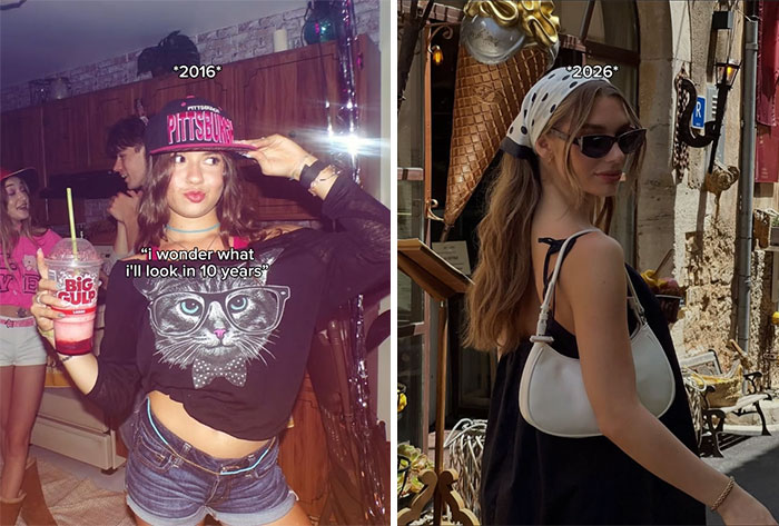 Side-by-side comparison of a woman’s 2016 versus 2026 photos showing striking 10-year transformation shared by people.