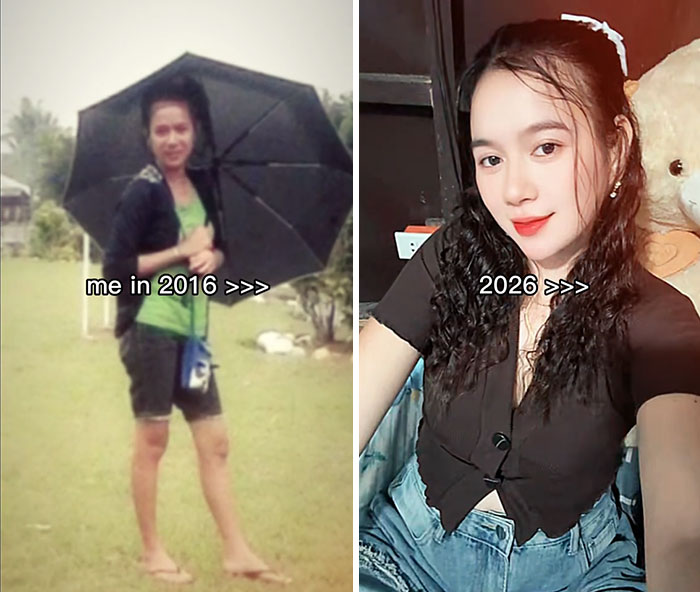 Side-by-side 2016 vs 2026 photos showing person’s transformation in a decade shared by 65 people.