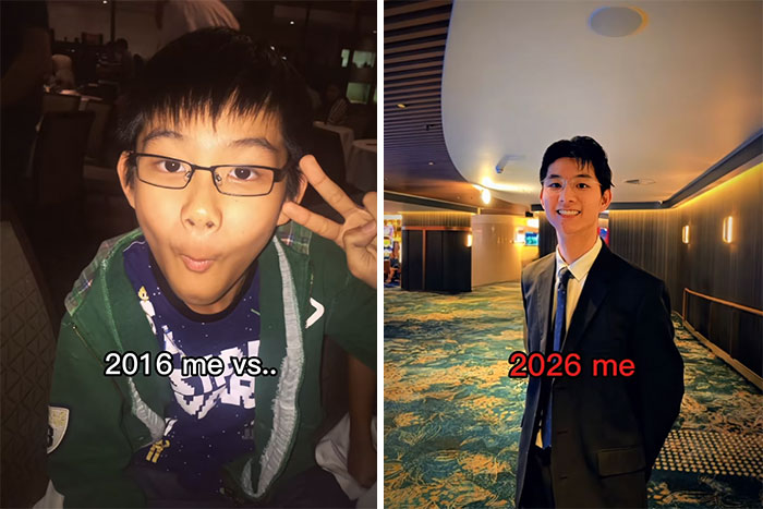 Side-by-side photos showing a person in 2016 and 2026, highlighting dramatic changes over ten years.