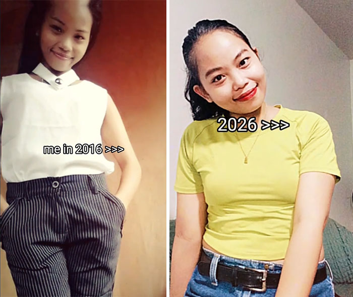 Side-by-side photos of a woman showing 2016 vs 2026 transformation in appearance and style change.