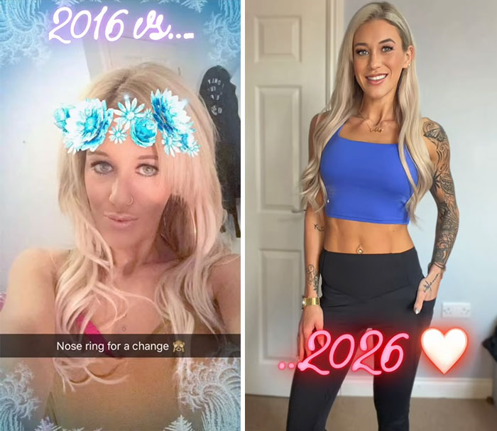 Side-by-side photos showing a woman's transformation from 2016 with a nose ring to a fit, tattooed look in 2026.