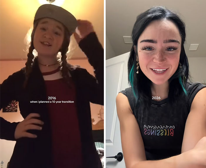 Side-by-side comparison of a person in 2016 and 2026 showing changes shared in transition photos.