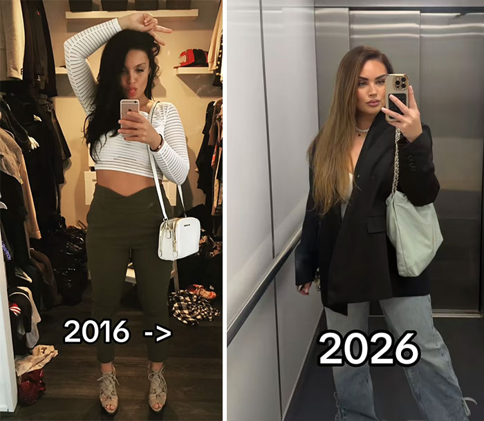 Side-by-side photos of a woman showing style changes in 2016 vs 2026 from the 65 people shared photos collection.