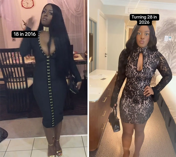 Side-by-side photos of a woman at 18 in 2016 and turning 28 in 2026, showing changes over 10 years.