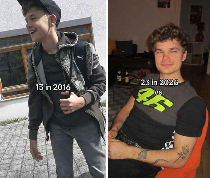 Side-by-side photos showing a person at 13 in 2016 and at 23 in 2026 highlighting photo transformation.