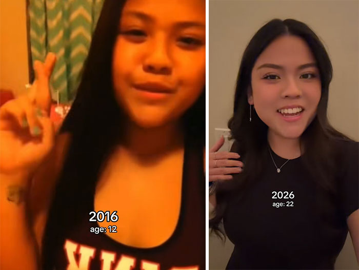 Side-by-side photos of a woman in 2016 at age 12 and in 2026 at age 22 showing changes over time.