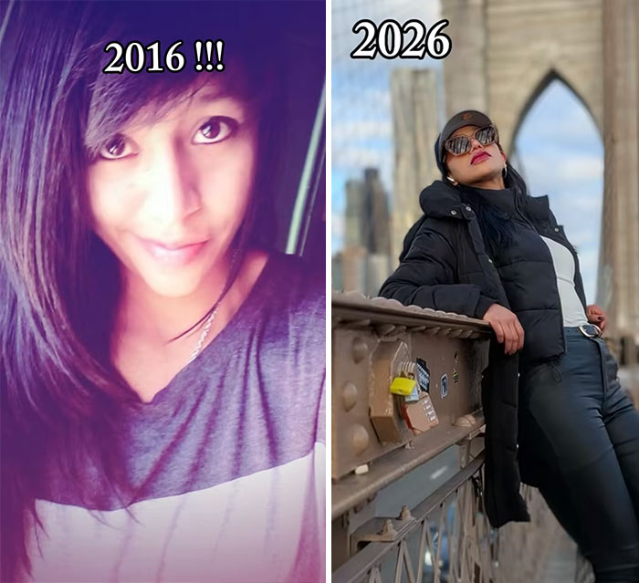Side-by-side 2016 vs 2026 photos showing personal transformation, highlighting changes over a decade in appearance and style.