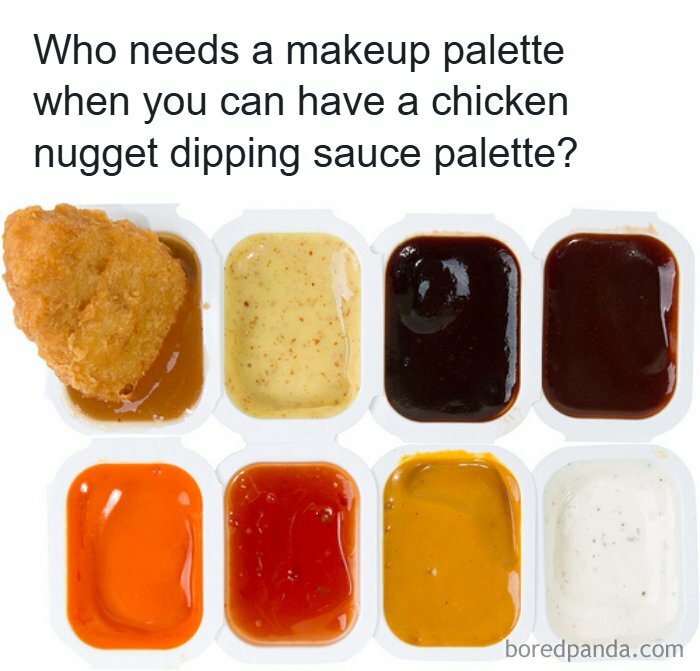 Relatable meme showing chicken nugget dipping sauce palette with various sauces and text about makeup palette comparison.