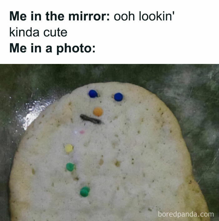 Relatable meme showing a poorly decorated cookie snowman, illustrating the contrast between mirror and photo appearance.