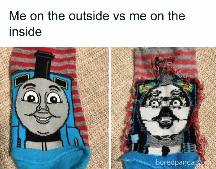 Two socks featuring a Thomas the Tank Engine meme showing relatable feelings inside versus outside.