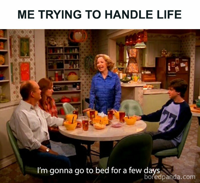 Relatable meme showing a family at dinner with text about handling life and wanting to go to bed for days.