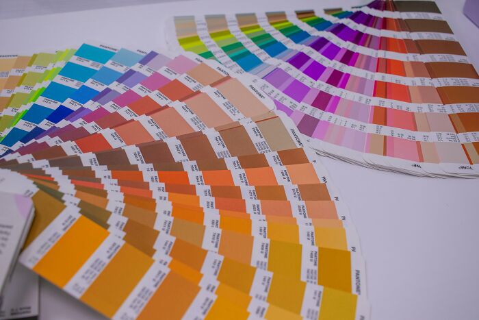 Colorful paint swatches arranged in a fan shape to test eyesight by spotting different shades in a vibrant quiz.