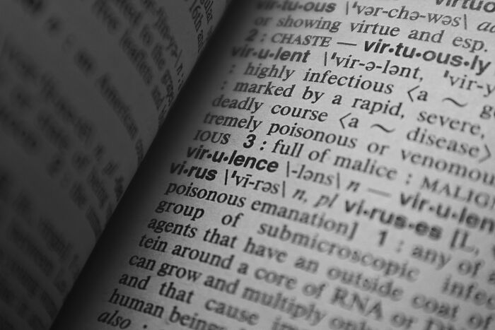Close-up of dictionary pages showing the definition of virus and virulence, illustrating cheat codes for everyday life hacks.