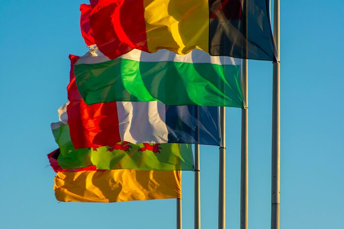 Several distorted country flags waving on poles against a clear blue sky, testing geography knowledge.