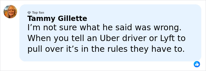 Comment from Tammy Gillette discussing rules for Uber and Lyft drivers to pull over when asked.