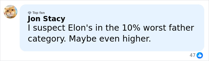 Comment by Jon Stacy expressing a negative opinion about Elon Musk&rsquo;s parenting related to his 13th child news.