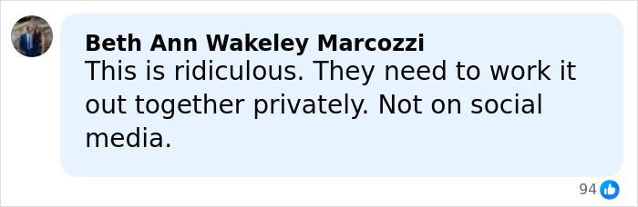 Comment by Beth Ann Wakeley Marcozzi expressing frustration about a private resolution instead of social media drama.