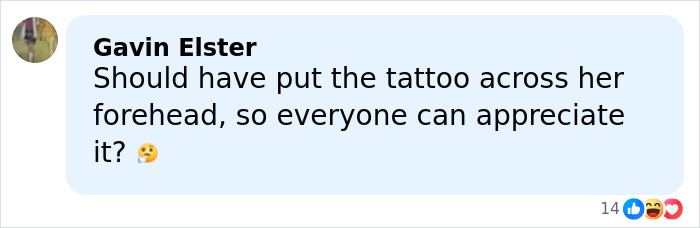 Facebook comment by Gavin Elster joking about Nicola Peltz's tattoo message and its visibility to fans.