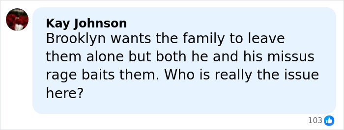 Comment from Kay Johnson discussing Brooklyn and his family amidst tattoo translation and pointed message speculation.