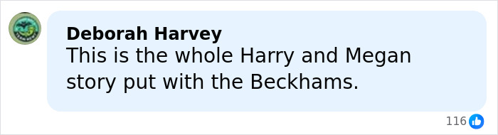 Comment discussing the Harry and Megan story in relation to the Beckham family&rsquo;s situation.