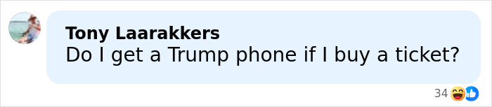 Screenshot of a social media comment asking about receiving a Trump phone after buying a ticket, related to Melania Trump documentary.