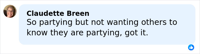 Commenter Claudette Breen expressing a sarcastic opinion on social media about party secrecy and behavior.