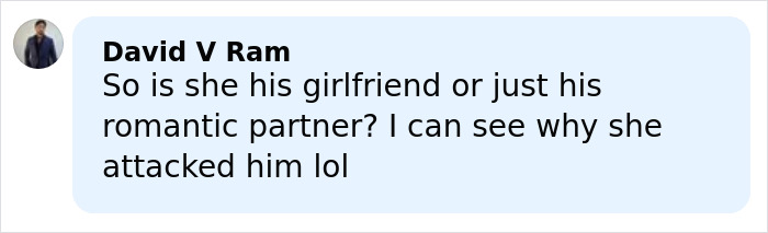 Commenter David V Ram discussing a jealous girlfriend accused of throwing a 25-pound weight during a gym fight.